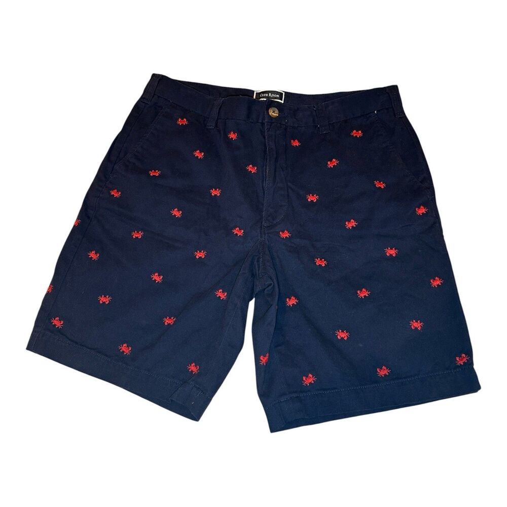 Club Room Men's Navy Blue Red Crab Embroidered Chino Shorts Size 34 Coastal